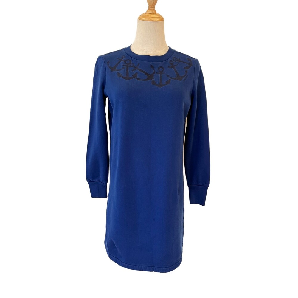 Petite Bateau Blue Sweatshirt Mini Dress XXS Cotton Black Anchors Nautical